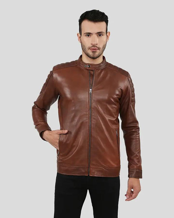 Mens Albie Brown Slim Fit Racer Leather Jacket - NYC Leather Jackets