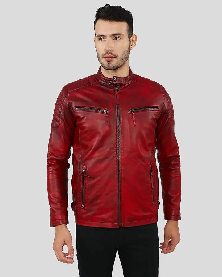 Mens Asher Distressed Red Quilted Racer Leather Jacket - NYC Leather ...