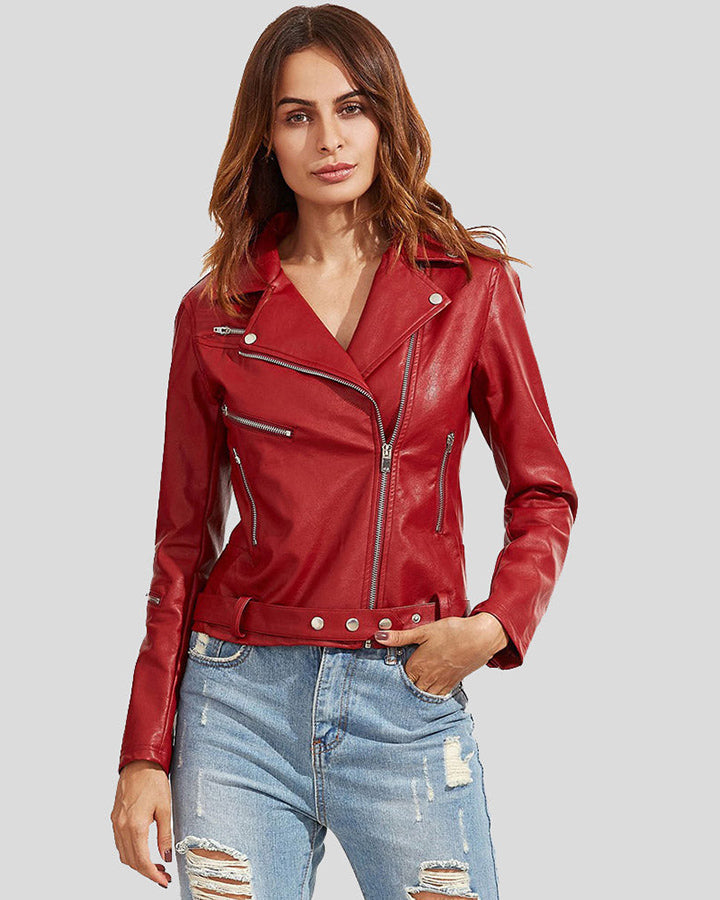 Buy Red Leather Motorcycle Jacket For Women from