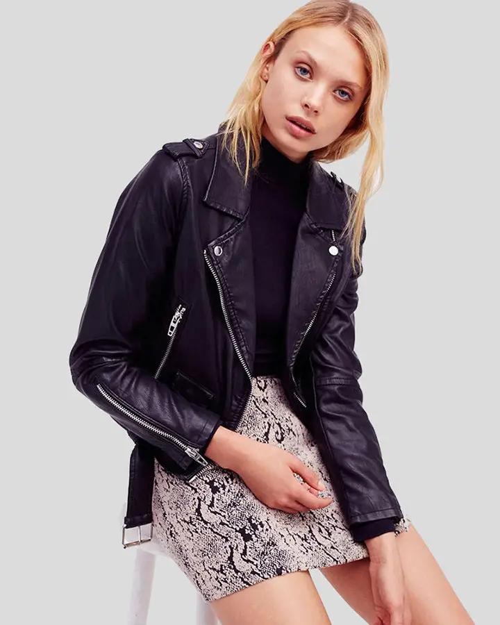 Womens Sara Black Biker Leather Jacket - NYC Leather Jackets