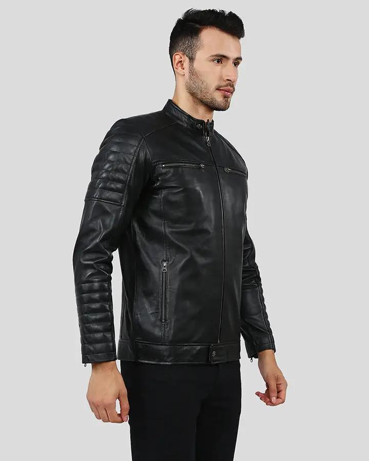 Mens Enzo Black Slim Fit Leather Racer Jacket - NYC Leather Jackets