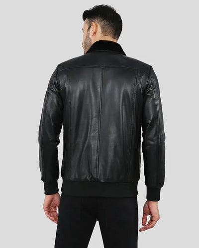 Mens Flynn Black Bomber Leather Jacket with Shirt Style Fur Collar