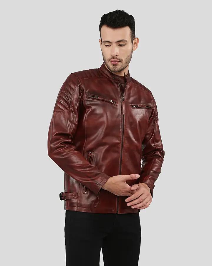 Mens Fred Brown Leather Racer Jacket - NYC Leather Jackets