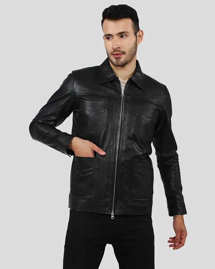 Mens Shirt Collar Leather Jacket - Black