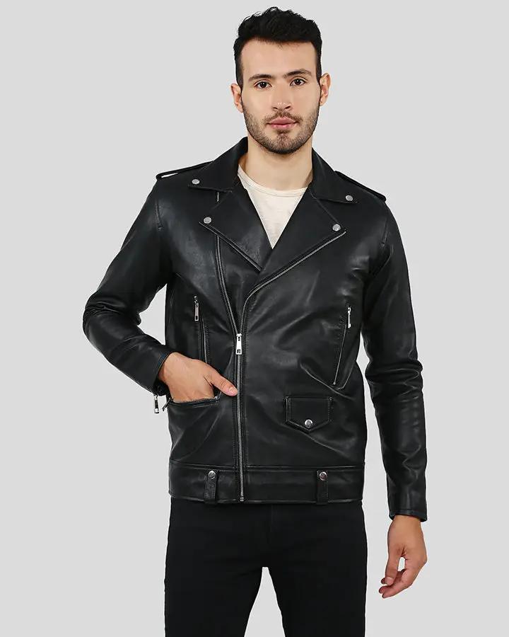 Men's black leather biker jacket