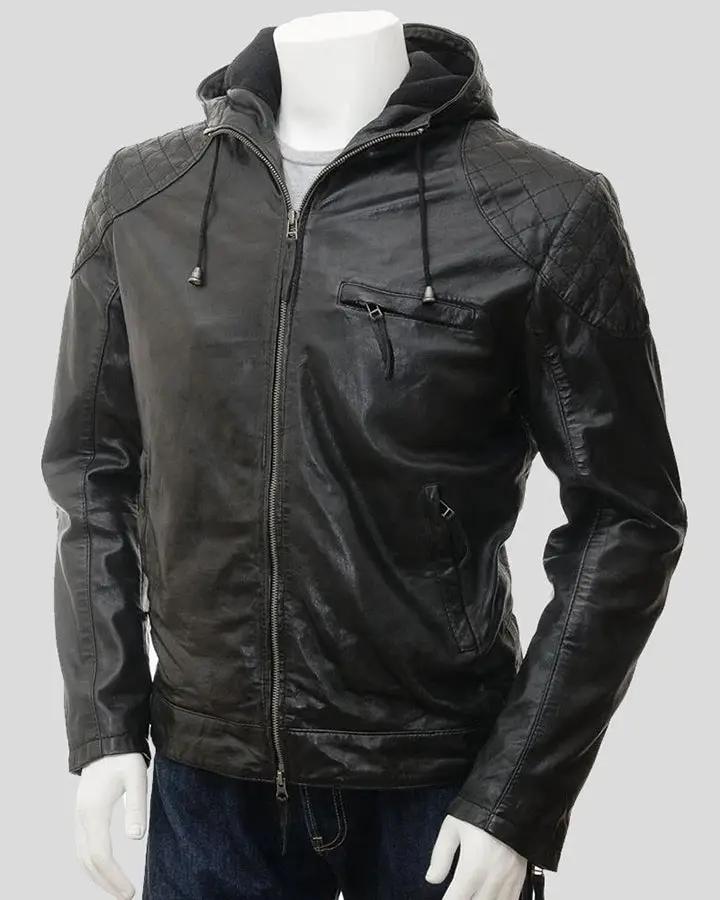 Men Franc Black Hooded Leather Jacket - NYC Leather Jackets
