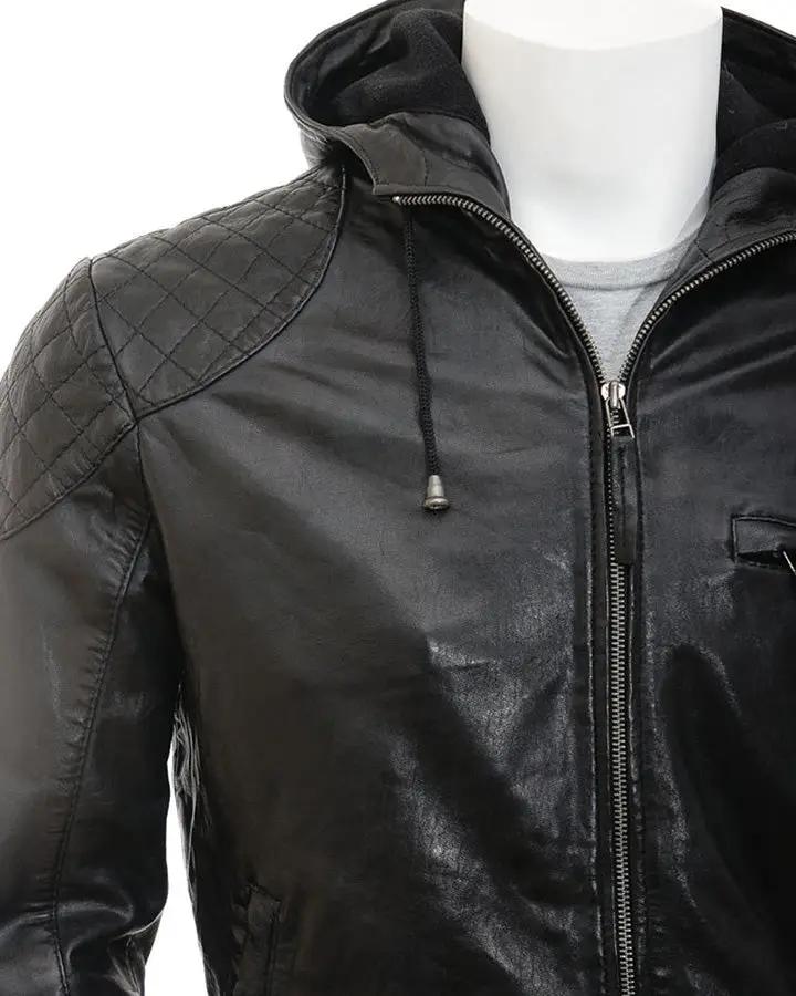 mens black leather jacket with hoodie