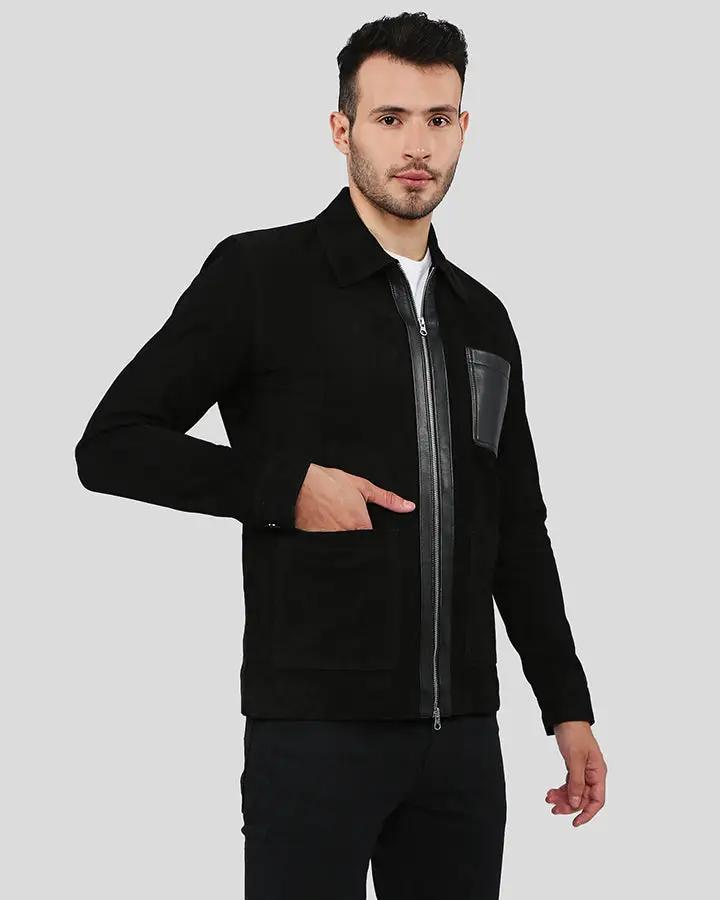 Mens Orme Black Suede Racer Leather Jacket with Leather Patch Pocket ...