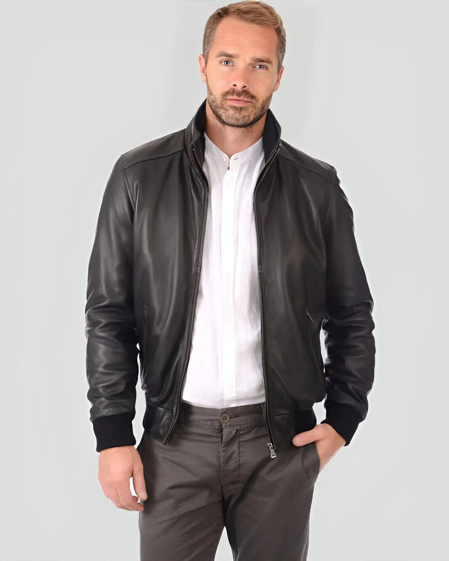 Mens Kian Black Bomber Leather Jacket - NYC Leather Jackets