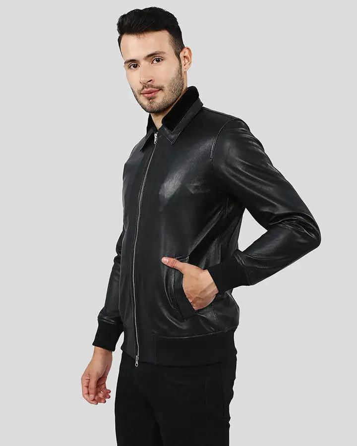 Mens Reece Black Bomber Leather Jacket with Fur Collar - NYC Leather ...