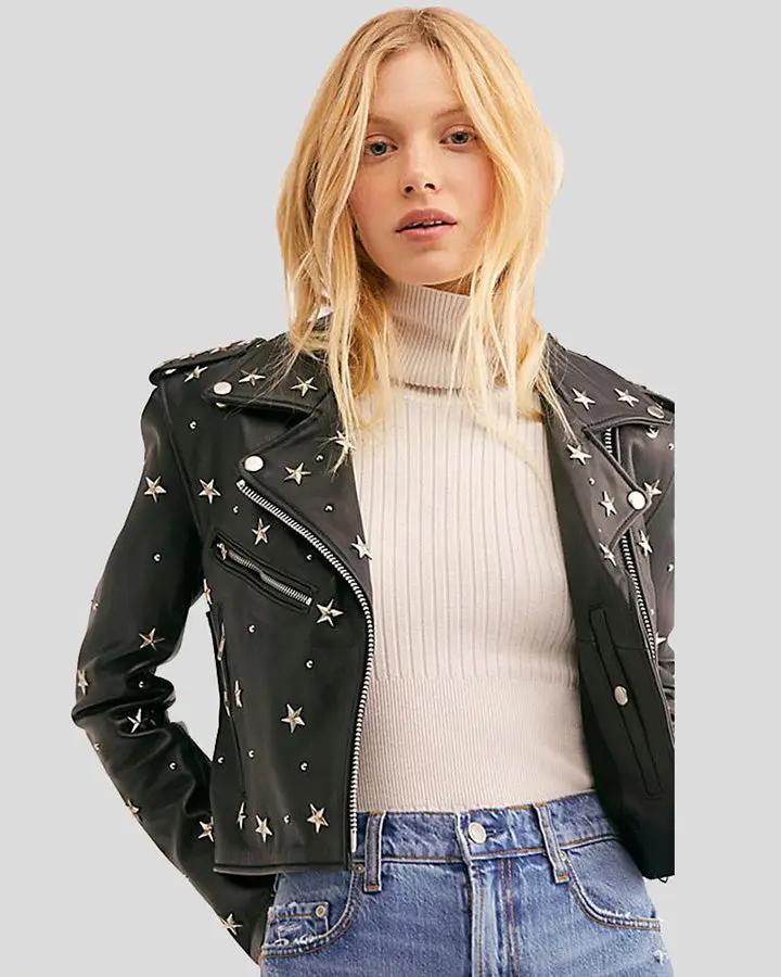 Women Studded Leather Bomber Jacket