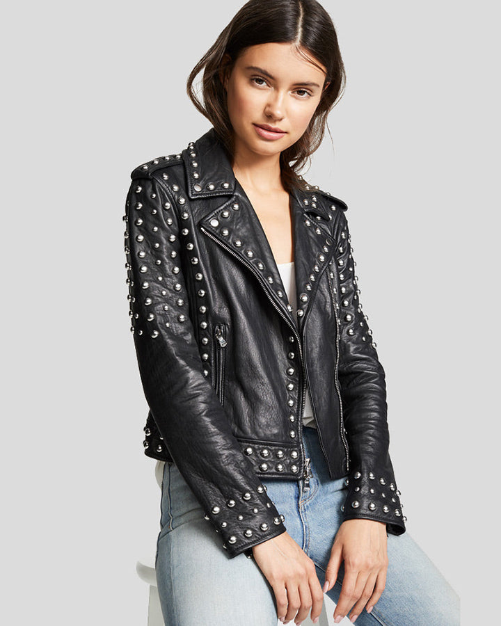 Womens Fiadh Red Studded Leather Jacket - NYC Leather Jackets