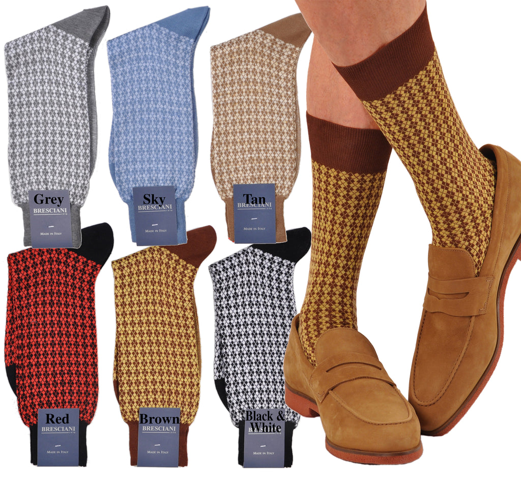 Cotton mid-calf Bresciani Argyle Socks - Orange with Red & Yellow - Men's  Clothing, Traditional Natural shouldered clothing, preppy apparel