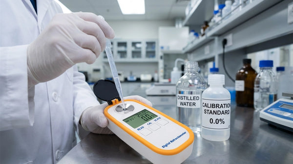 Técnico calibrando un refractómetro digital con agua destilada y estándar de calibración en una mesa de laboratorio.