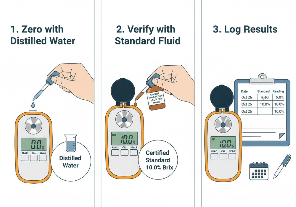 Technician measuring grape Brix with a handheld refractometer in a vineyard
