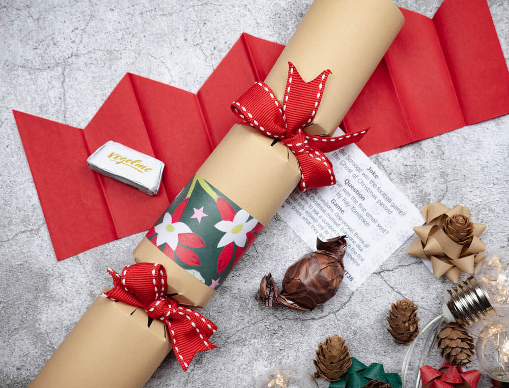 Our handmade vegan christmas cracker which is included in our giant vegan christmas hamper