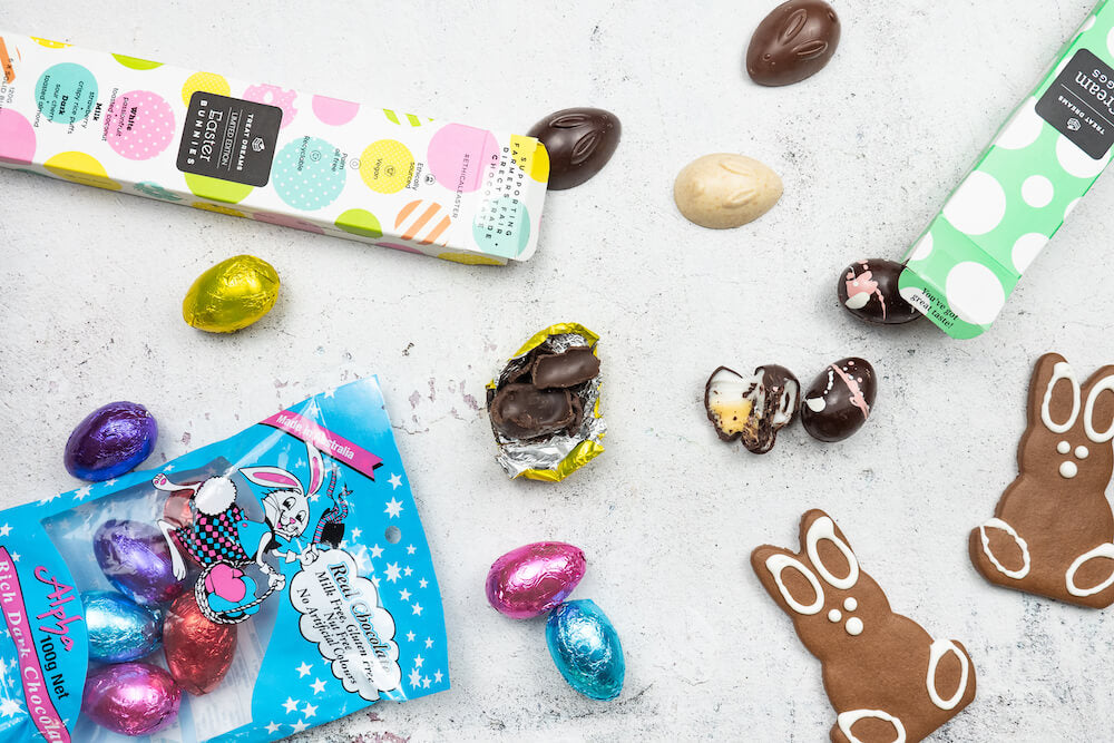 Vegan Easter Hamper with vegan creme eggs, minim vegan Easter eggs and mixed vegan chocolate bunnies for the Best Vegan Hampers post