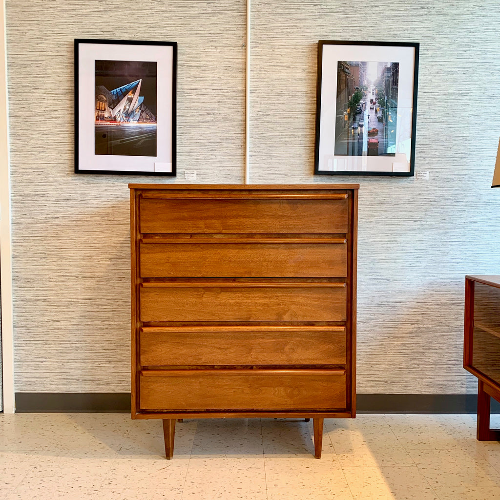 Canadian Mid Century Modern Walnut 5 Drawer Tallboy Dresser