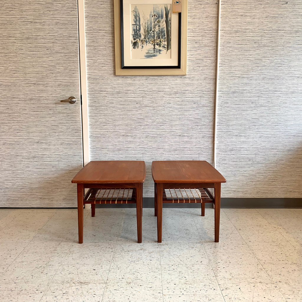 Pair Of Mid Century Teak Side Tables With Original Cane Shelf