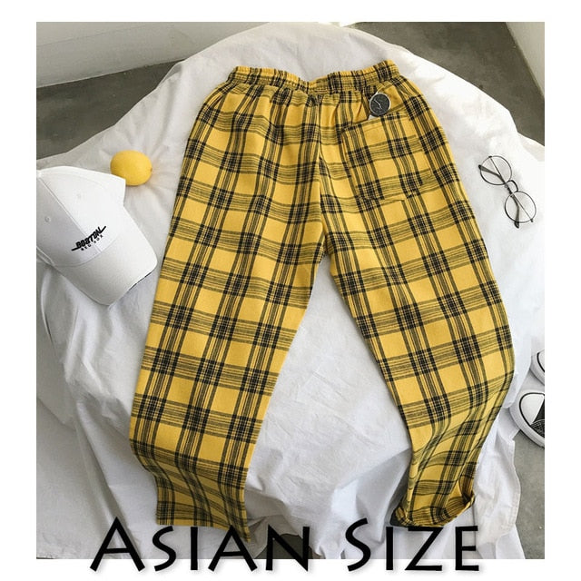 yellow and black check trousers