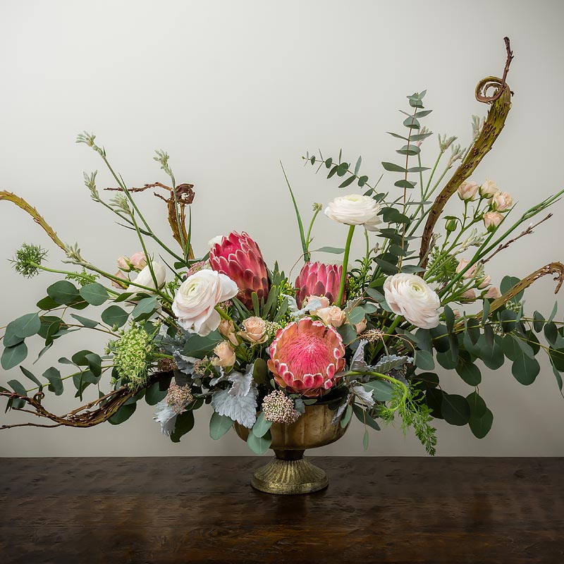 Beauteous bohemian flower arrangement in a compote style vase with large Protea, Ranunculus, min Spray Roses, Lace Flowers, Eucalyptus, and Willow Branches at petal Street Flower Company florist