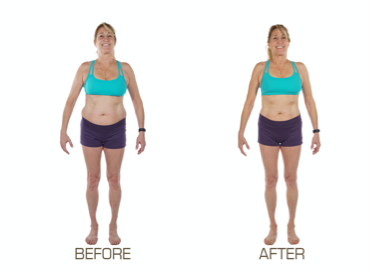before and after front view of blonde woman in green top and black shorts