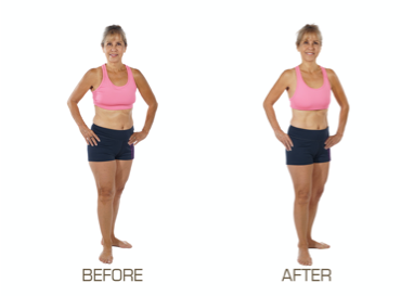 before and after front view of blonde woman in pink top and black shorts