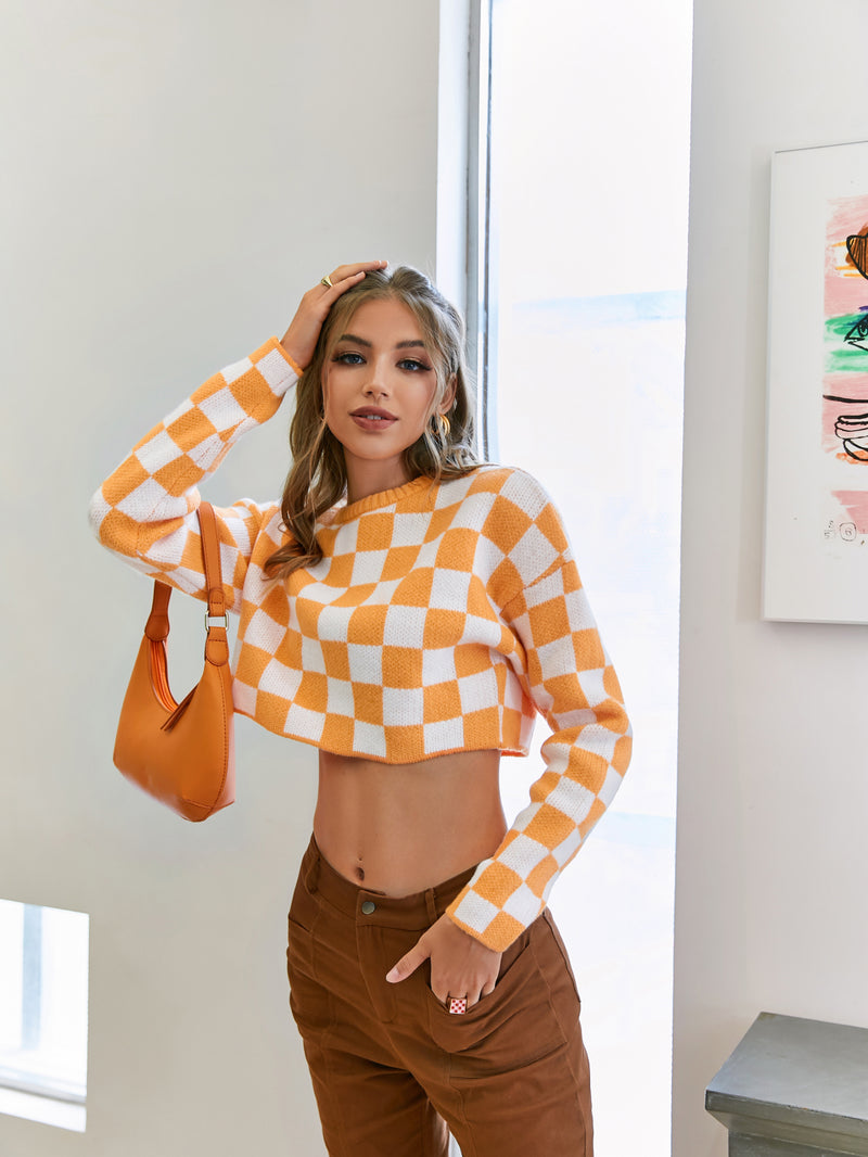 Checkered Ribbed Trim Cropped Sweater