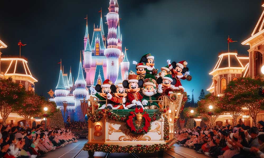 La parade de noël à Disneyland Tokyo avec mickey et le chateau enchanté