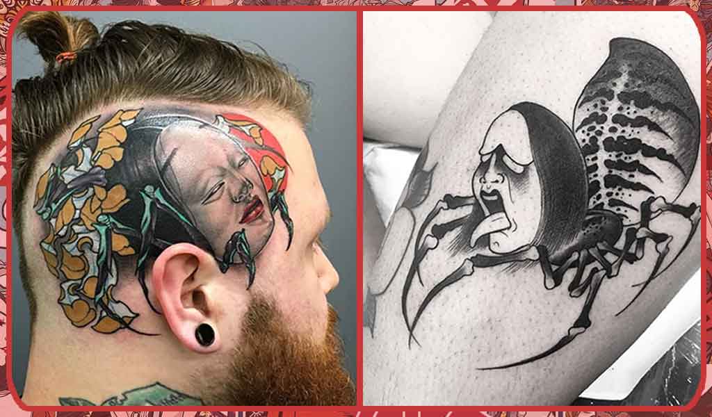 un homme avec un jorogumoo tattoo sur la tête et sur le bras