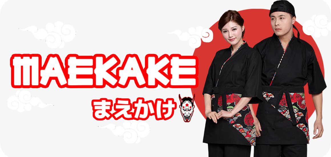 2 people wearing a Japanese kitchen accessory. The black maekake apron