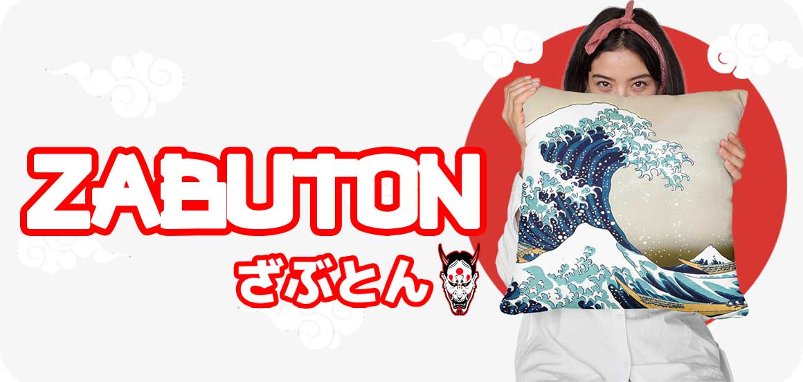 zabuton: Japanese home accessory cushion worn by a woman and depicting the great wave of kanagawa