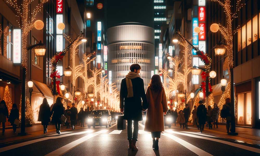 deux amoureux le soir de noël qui se tiennent la main