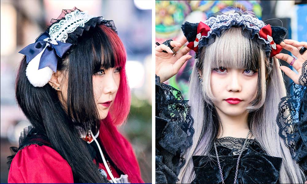 deux filles japonaise ont une coiffure de Lolita Gothique. Elles  ont un bandeau sur la tete avec de la dentelle