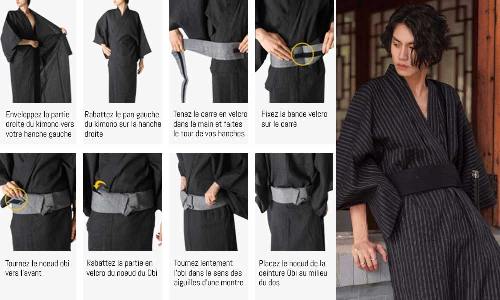 Comment porter une ceinture obi homme. Un toto obi avec un homme vêtu d'un kimono japonais