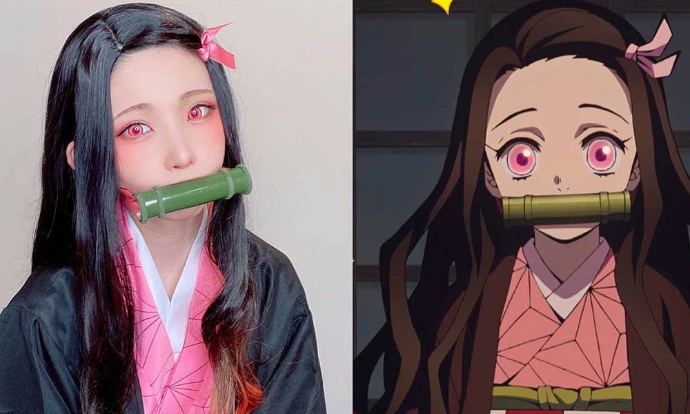 Un cosplay demon slayer nezuko d'une japonaise en tenue de kimono manga