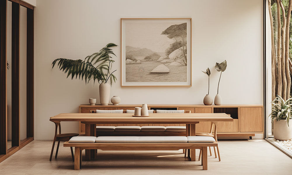 une salle à manger style minimalisme japonais dans danshari blog. Une table et du mobilier Wabi-Sabi