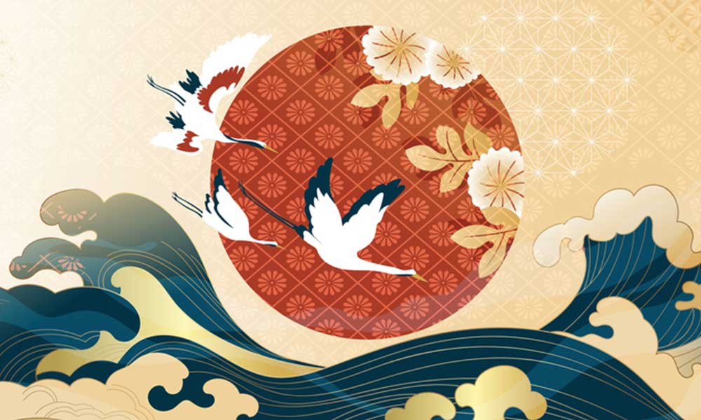Un dessin grue japonaise volant au-dessus de vague avec un cercle rouge rempli de motifs japonais