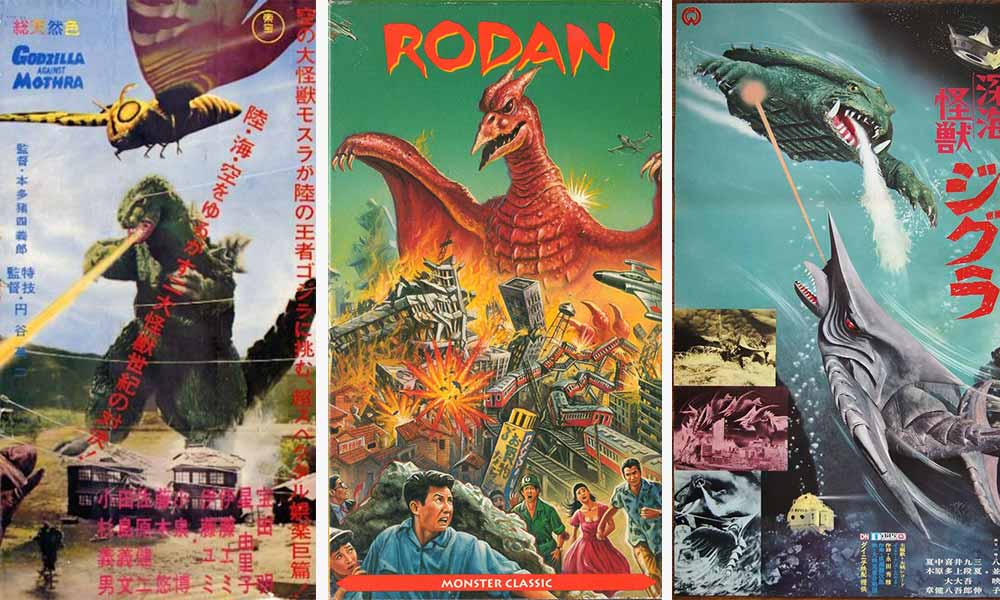 Un film de monstre japonais s'appelle un Kaiju Eiga. Voici trois affiches de films avec Godzilla, Rodan