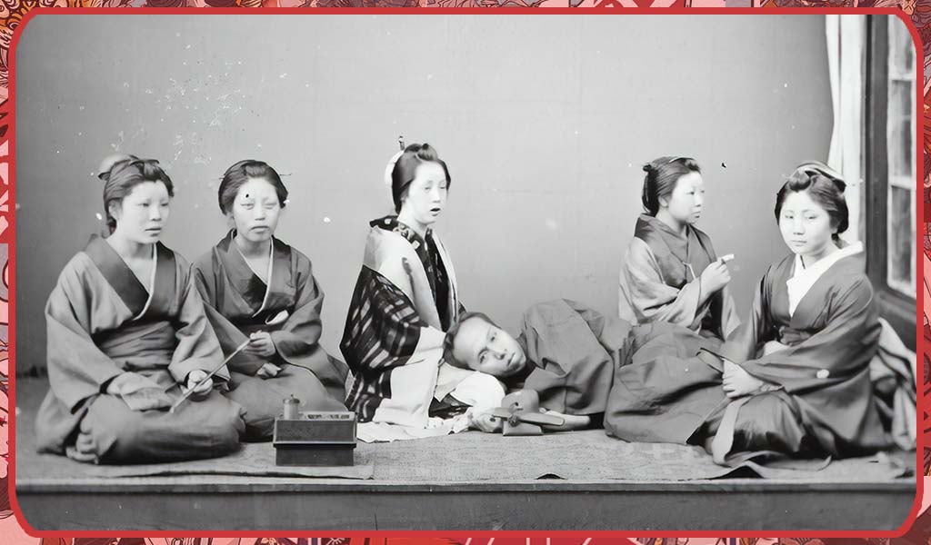 Histoire du kimono avec cinq femmes geisha assises sur le sol et un samouraï en train de faire la sieste