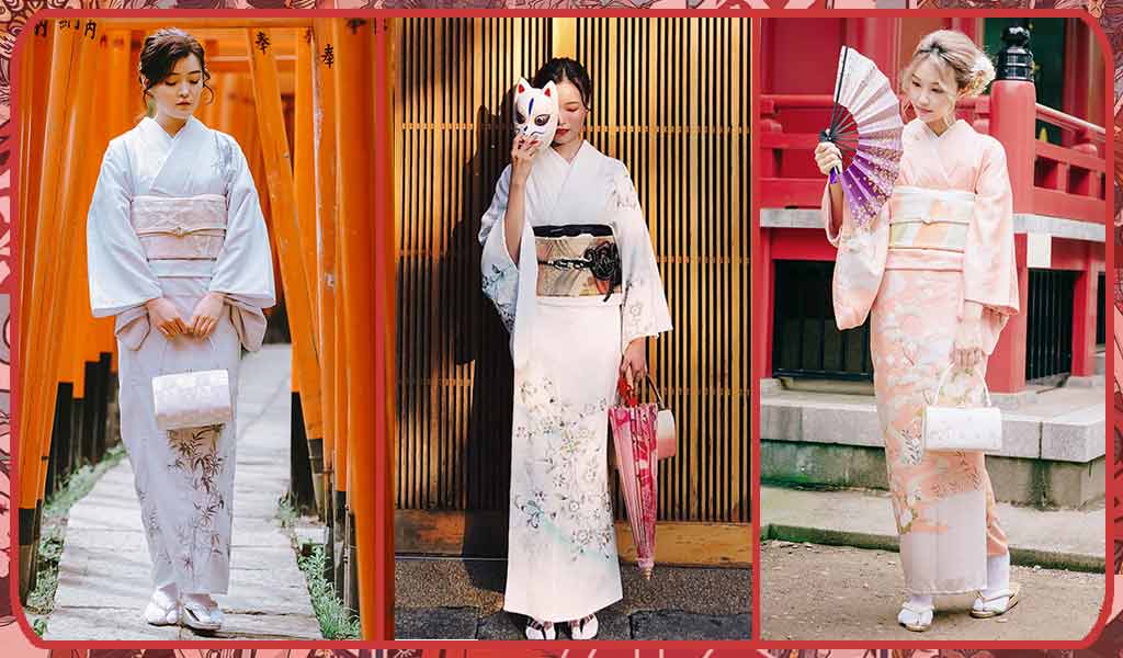 Trois femmes portent un kimono homongi. Ce vêtement japonais traditionnel est commun à Tokyo