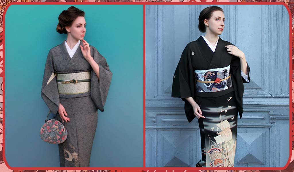 Deux femmes portant un kimono japonais tissé avec la methode Kaga Yuzen