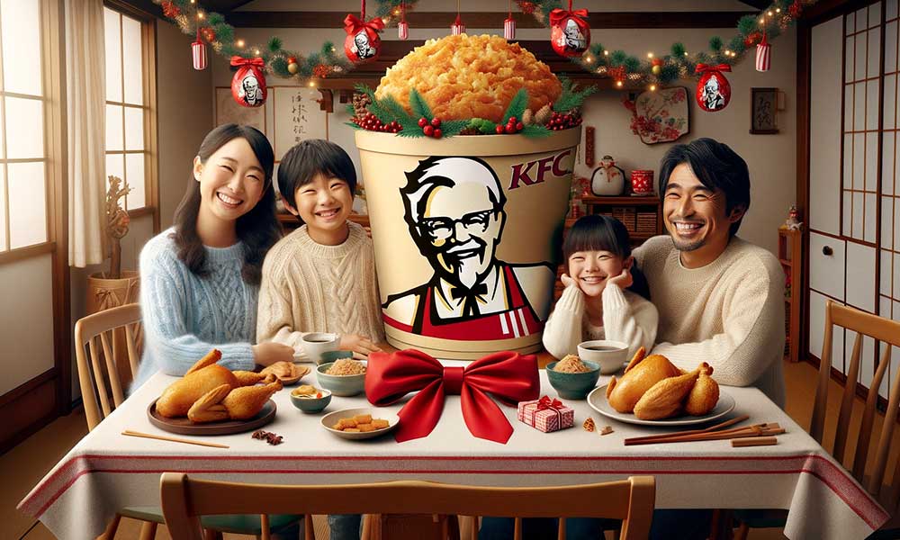 Une famille japonaise autour d'un bucket geant de Kfc pour le repas de noël