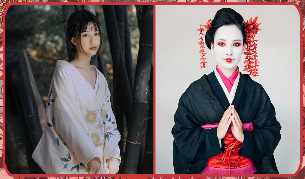Un kiimono de geisha de couleur noir et un kimono clair avec des motifs japonais, une ceinture obi, un peigne kanzashi et du maquillage Kabuki