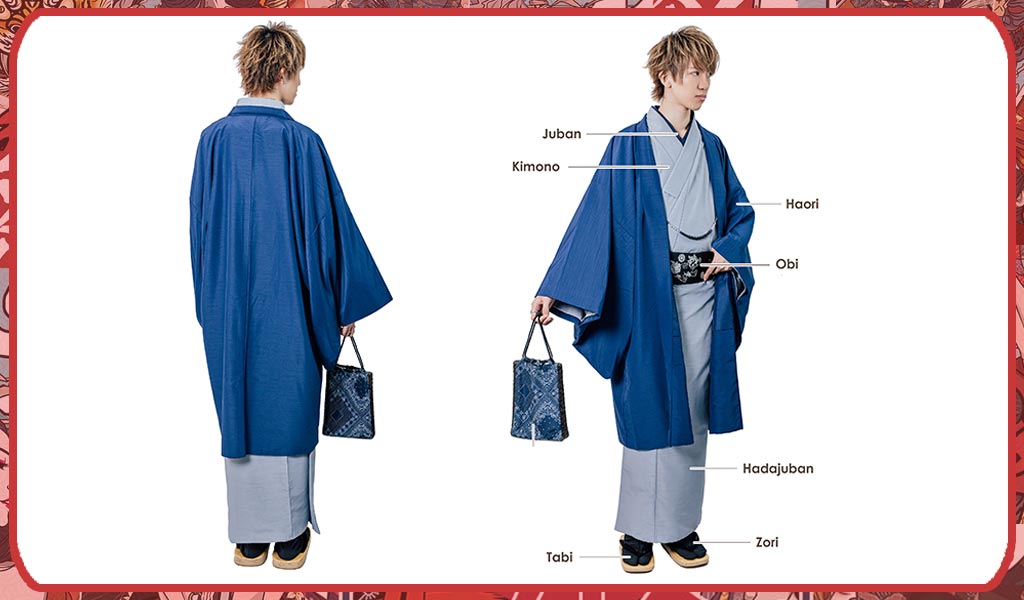 Deux personnes portant un kimono homme traditionnel japonais. Les accessoires du kimono homme sont le Juban , le Haori, et les sandales zori