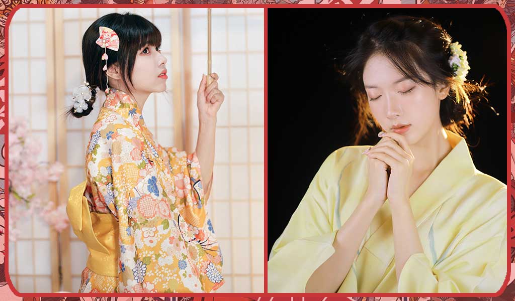 Deux femmes portant un kimono japonais en soie avec des mofits floraux