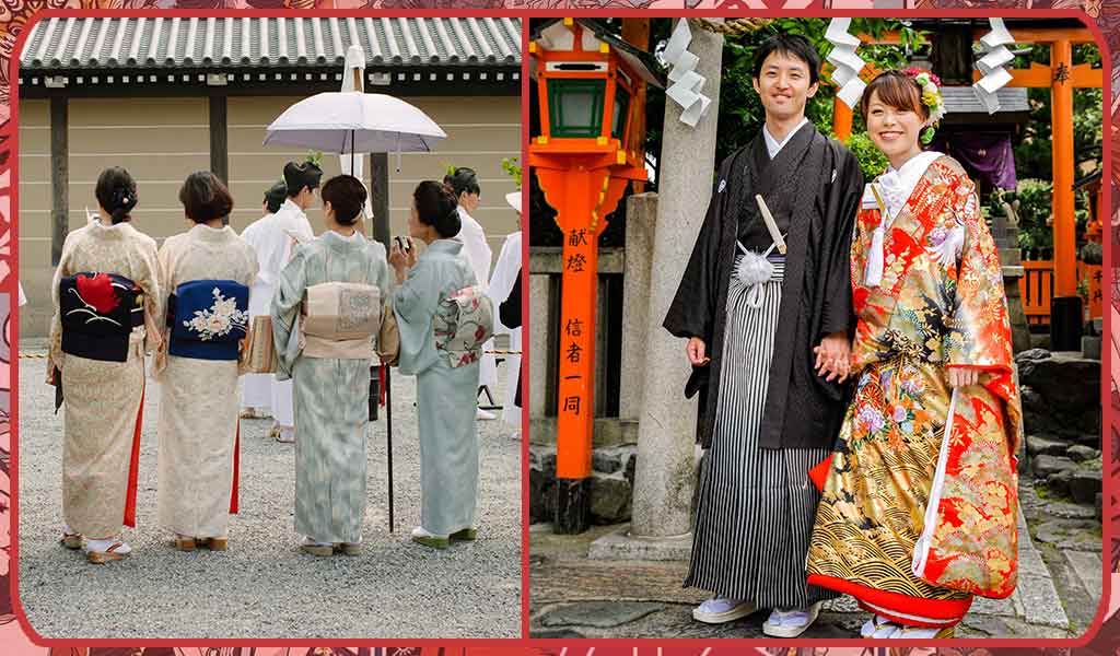 Des hommes et des femmes assistent à une cérémoni jaonaise et portent le kimono traditionnel