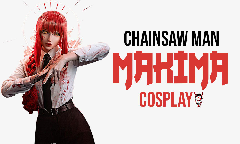 Une fille est habillée avec un makima cosplay. Elle a une chemise blanche et une cravate. Ses cheveux sont rouges comme le personnage du manga Chainsaw man