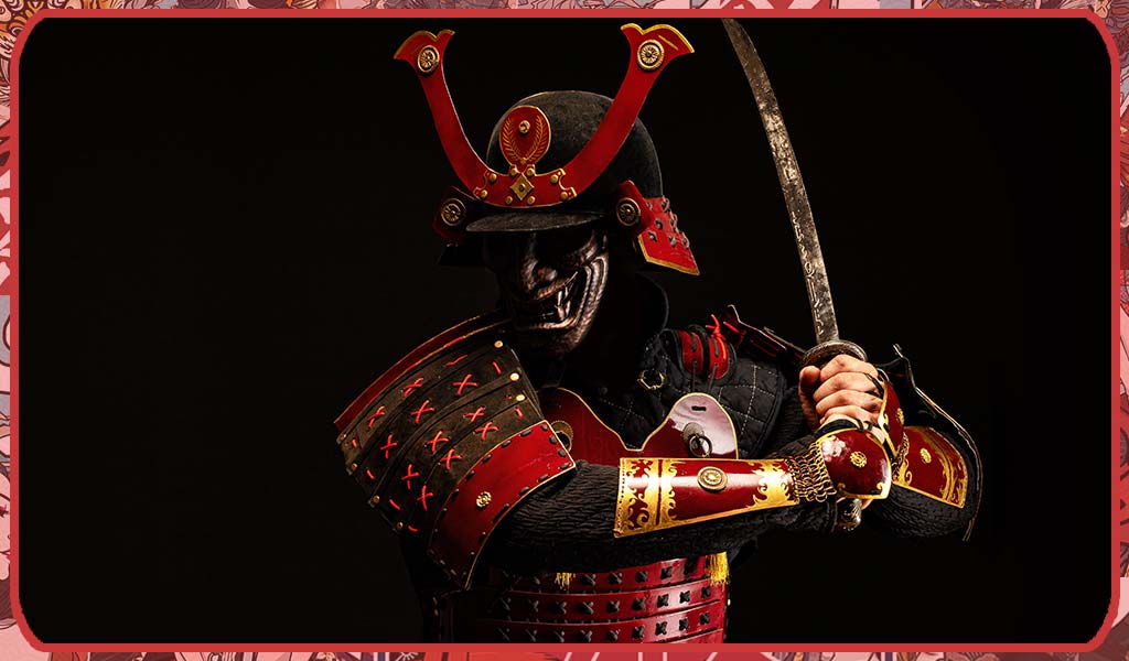 Masque armure samourai porté par un guerrier japonais avec un katana