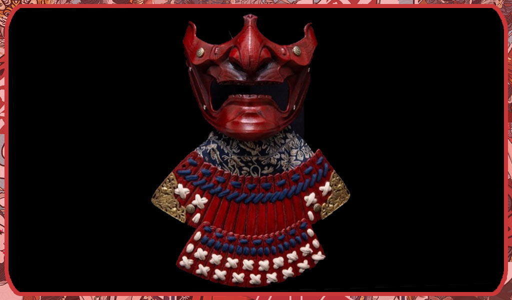 demi masque de guerrier japonais rouge mempo, représentant un démon Oni